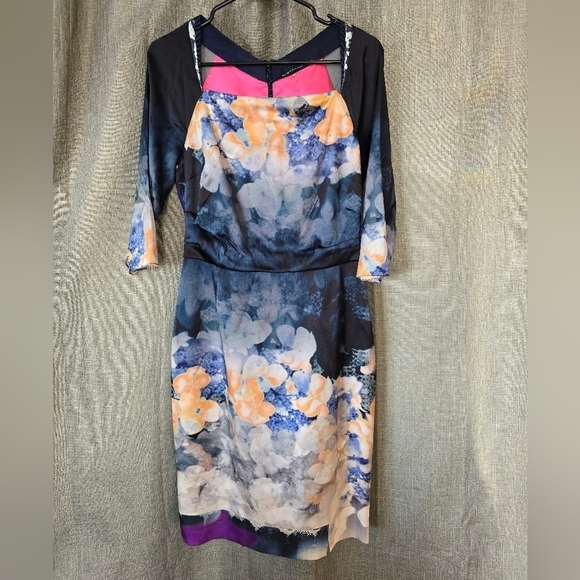 Elie Tahari Vouge 2012 Square Neck Mid Length Silk A Line Floral Dress Size 6 - Picture 2 of 6